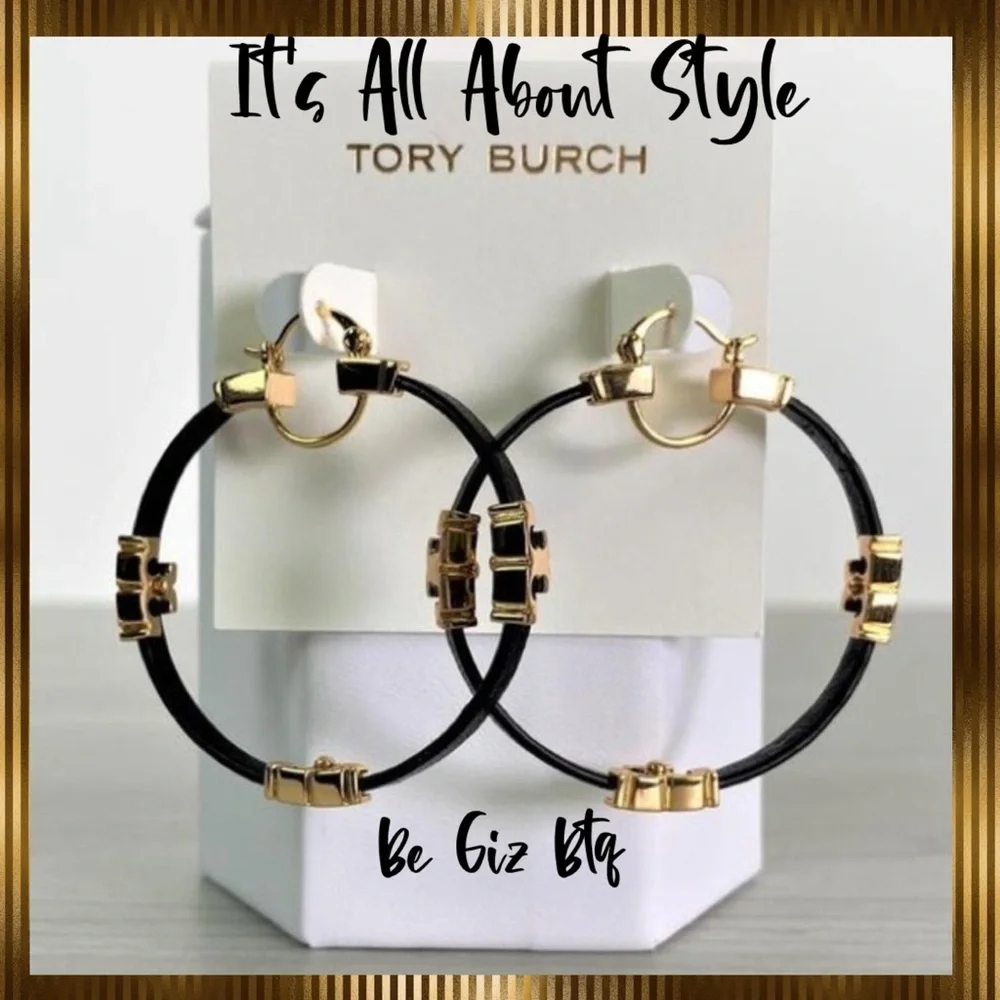 🆕 Authentic Tory Burch Gold Black Serif T & Leather Hoop Earrings - Picture 7 of 7